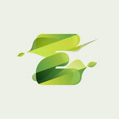 E letter eco logo with green diagonal stripes, leaves and waves.