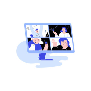 People dancing and chatting on the online conference house party. Friends meeting up online. Party from home via videocall. Monitor screen