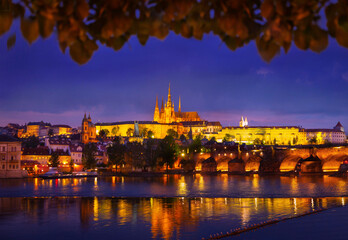 colorful panorama of the night city. Fabolous art photography of Prague. Czech Republic....