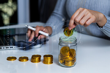 Financial business and hands holding coins, Saving money for future growth concept.