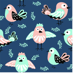 Cute birds with sprigs of flowers and herbs. Spring tender vector seamless pattern. Hand drawn illustration for print