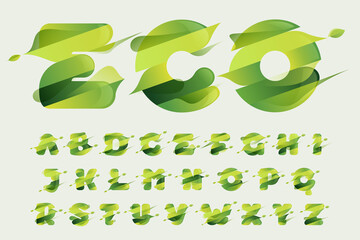Alphabet with green diagonal stripes, leaves and waves.