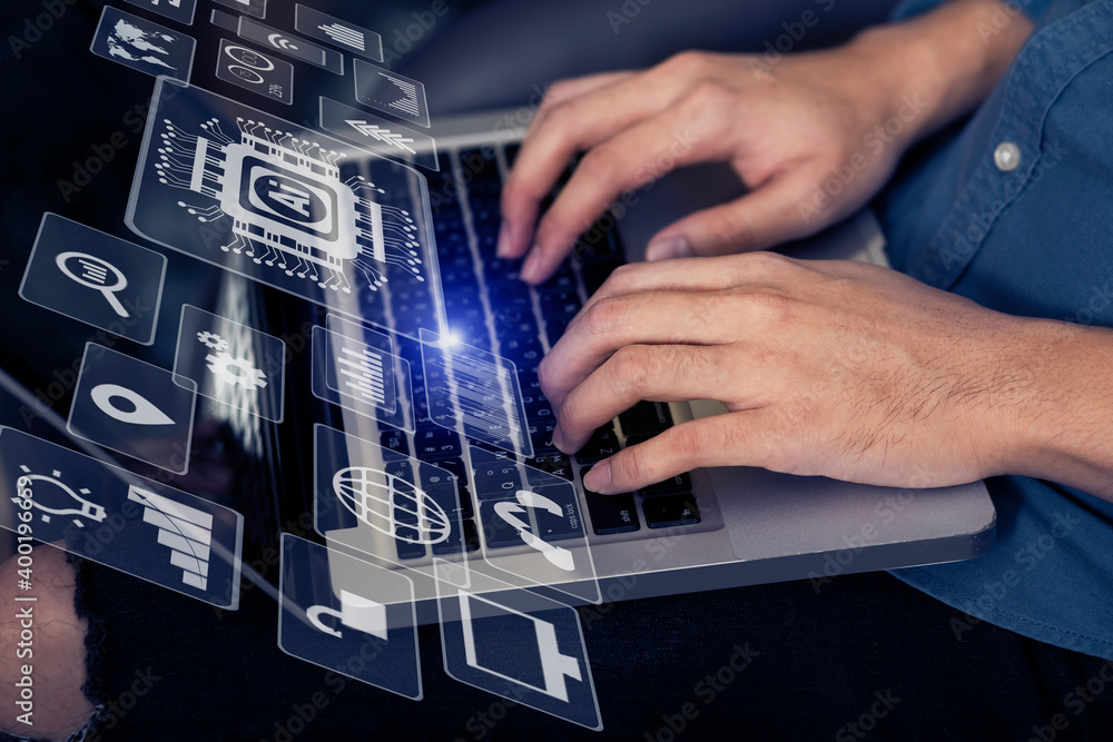 Poster business with digital network connection and virtual interface screen, business digital and technolo