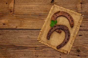 Two very old cast iron metal horse horseshoes, fresh clover leaf. Good luck symbol, St.Patrick's Day concept