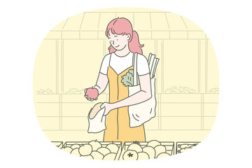 Healthy food, clean eating, vegetarian diet concept. Young positive woman cartoon character choosing fresh vegetables in fruits in grocery store. Wellness, bodycare, healthy lifestyle illustration