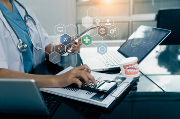 Medical technology innovation and futuristic concept. Doctor using digital tablet computer with hologram modern virtual screen interface icons.