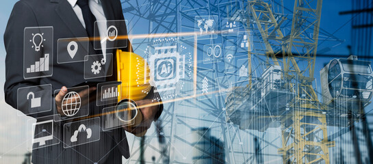 Double exposure engineering using tablet digital technology interfaces icon with construction cranes no city background.