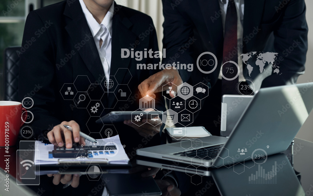 Poster business with digital network connection and virtual interface screen, business digital and technolo