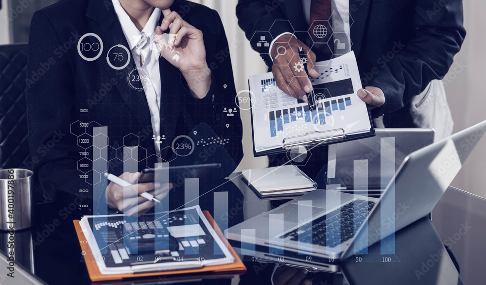 Aufkleber business with digital network connection and virtual interface screen, business digital and technolo