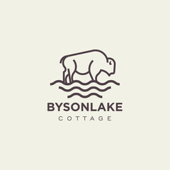 bison lake park silhouette bull illustration line art logo design vector template 