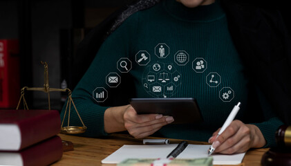 Concepts of Law and Legal services.	Lawyer woman working with law icons.