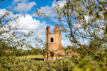 Fototapeta na wymiar Beautiful detail through the vegetation of the brick tower and the ruins of the Circus of Maxentius, Via Appia, with nature blue sky, clouds. Rome Italy.