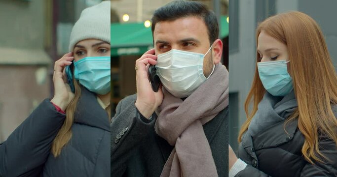 Multiscreen on people using smartphone in everyday life. c Group of people in masks, collage citizens Virus mask on street wearing face protection in prevention for coronavirus covid 19.