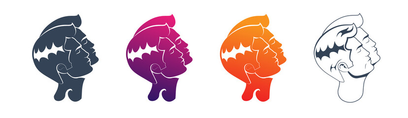 Set of web icons. Two men faces close to each other with eyes closed. flat design Gemini Zodiac sign depicting twins. Astrology sign illustration of two men looking in one direction.