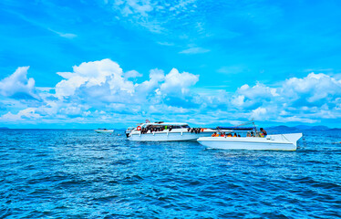 The speed boats on snorkeling tour, Koh Khai Islands, Phuket, Thailand