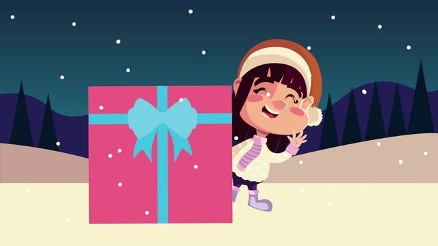 happy merry christmas animation with little girl wearing santa hat and gift