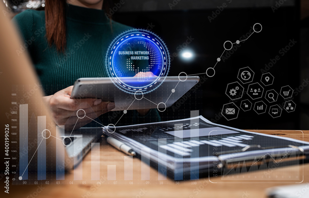 Poster business with digital network connection and virtual interface screen, business digital and technolo