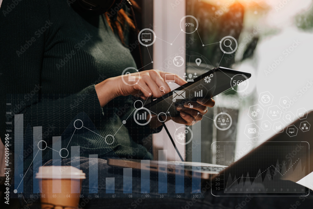 Poster business with digital network connection and virtual interface screen, business digital and technolo
