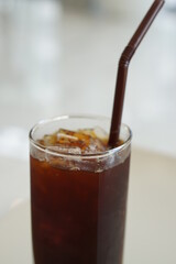 Close up Angle top view of Americano coffee with ice.