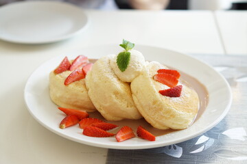 japanese, fluffy, pancake, dessert, creamy, day light, white, strawberry, breakfast, delicious, fruit, intrend, contemporary, style, mint, topping, green, leaf, brown, nut, cocoa, chocolate, hotcake, 