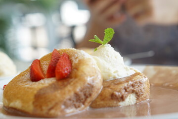 Fluffy pancake with Chocolate nuts sauce.