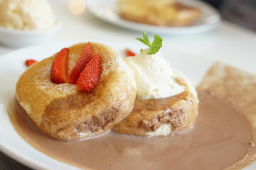 Fluffy pancake with Chocolate nuts sauce.