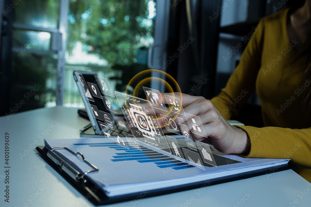 Poster business with digital network connection and virtual interface screen, business digital and technolo