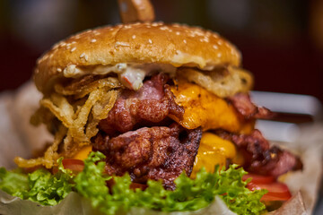Juicy delicious burger on a wooden Board