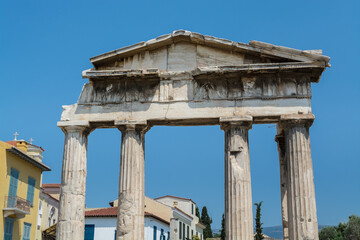 Gate of Athena Archegetis. Remains of Roman Agora in the old town of Athens, Greece.