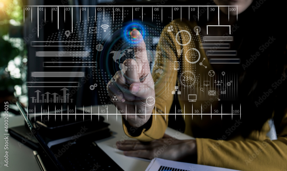 Poster double exposure of business people working with investment consultant analyzing and financial report