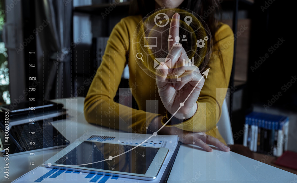 Poster double exposure of business people working with investment consultant analyzing and financial report