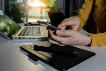 Happy Woman Hands Using Smartphone With Connection Internet. Using Social Networks Concept. 