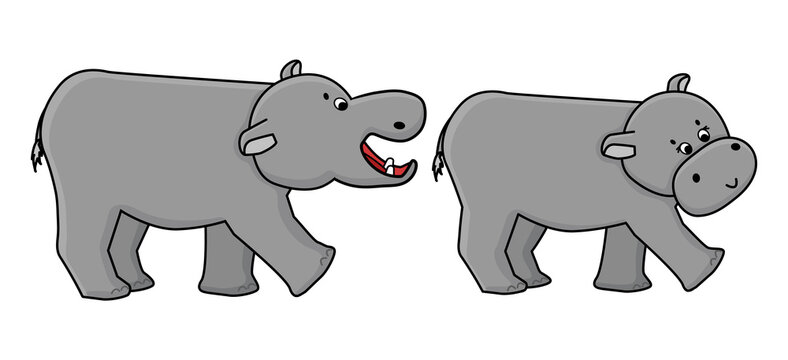 Cute cartoon hand drawn male Hippo is trying to bite female hippo