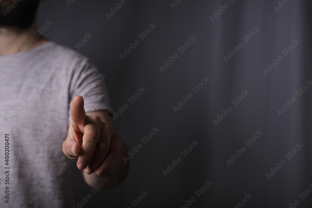 Poster man finger pointing touch pressing