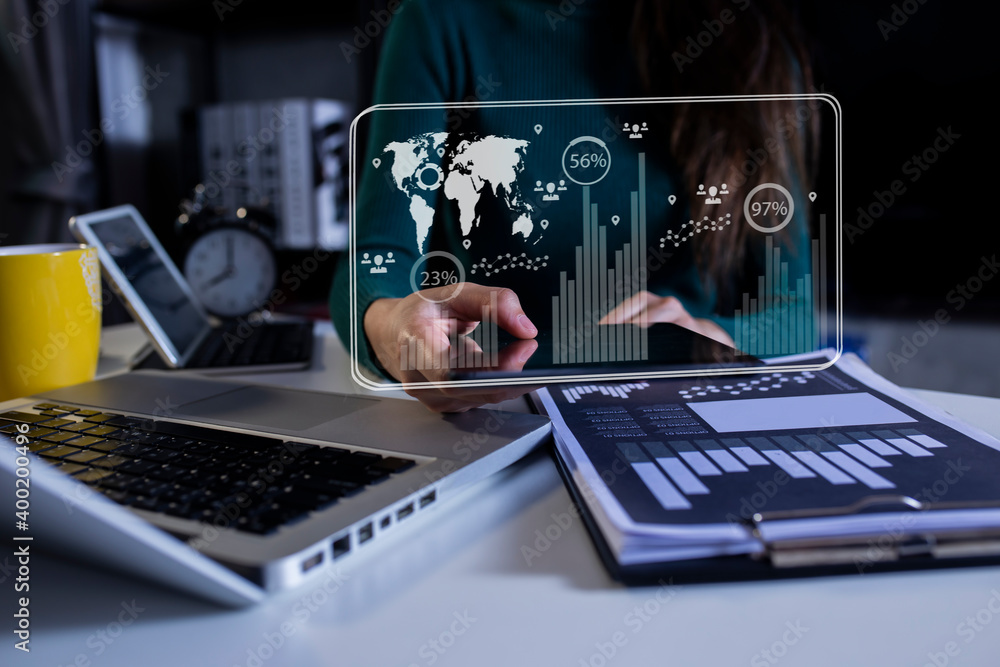Poster double exposure of business people working with investment consultant analyzing and financial report