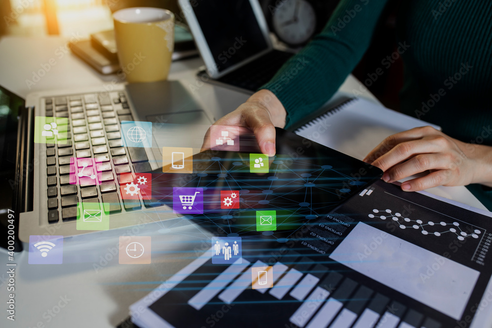 Poster double exposure of business people working with investment consultant analyzing and financial report