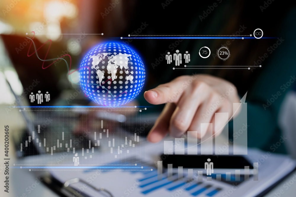 Poster double exposure of business people working with investment consultant analyzing and financial report