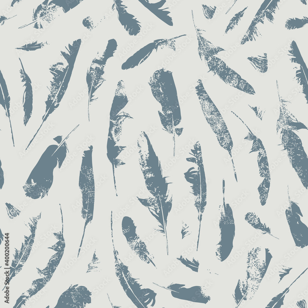 Poster seamless pattern with grey feathers on a beige backdrop. vector repeatable background with bird plum