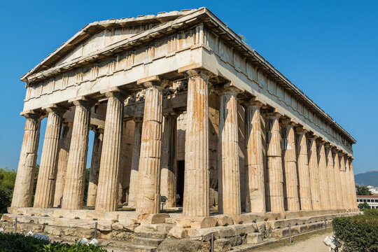 Temple of Hephaestus (Hephaestion), a well-preserved Greek temple; it remains standing largely as built. It is a Doric peripteral temple, located at the north-west side of the Agora of Athens