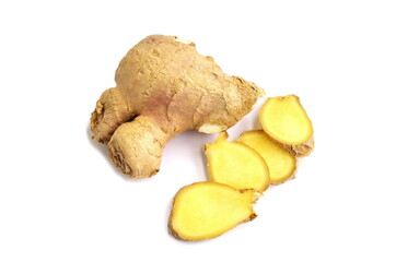 Fresh ginger with slice isolated on white background, raw healthy ginger for cooking. Top view.  Healthy lifestyle and diet concept. 