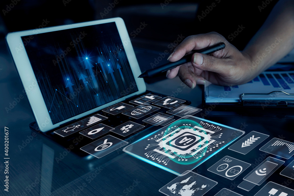 Poster business hand using tablet and showing a growing virtual hologram of statistics graph chart, finance