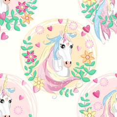 Seamless pattern with unicorns, donuts rainbow, confetti and other elements