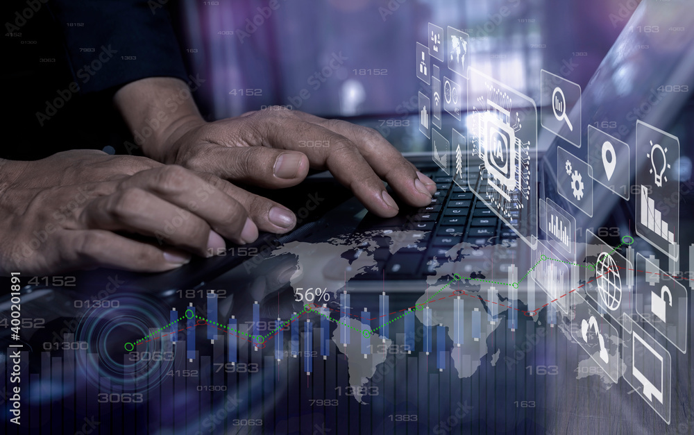 Poster hands of business people working with documents and digital network and stock exchange market with w