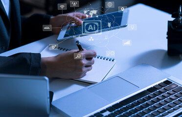 Hands of business people working with documents and digital network and stock exchange market with with graphs analysis candle interface icons on table office. 