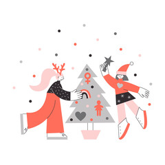Two women around Christmas tree with lesbian symbols, lgbt queer New Year vector flat illustration. Lgbtqi rights concept.