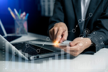 Businesswoman hands using human resource planning or business organisation on a futuristic...
