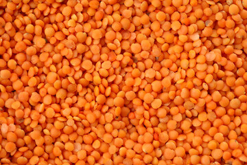 Uncooked red legumes on whole background, top view