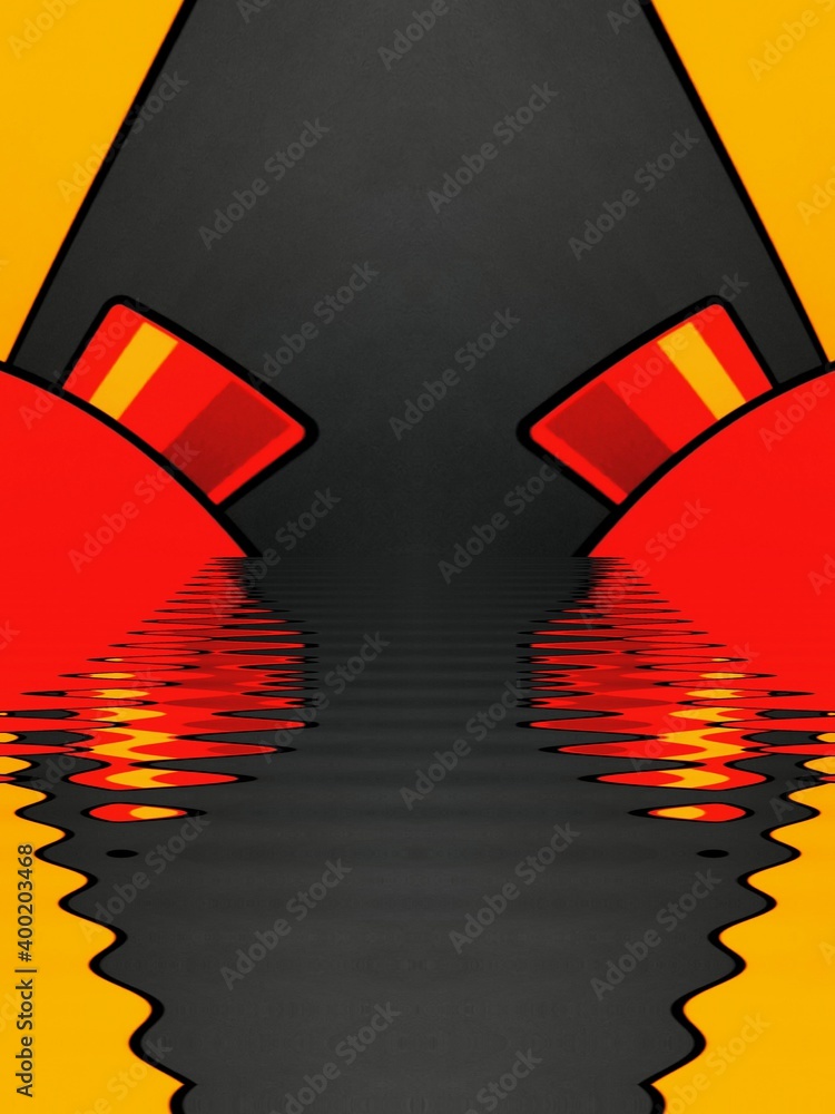 Poster vivid yellow and bright red coloured building block on dark grey background patterns and designs