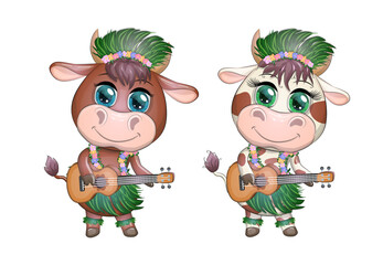 Cute cartoon bull, cow with beautiful eyes, Hawaiian hula dancer character with ukulele guitar among leaves, flowers. Chinese new year cute bull mascot