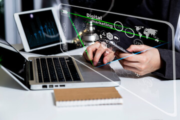Trader at work and digital Stock market concept.